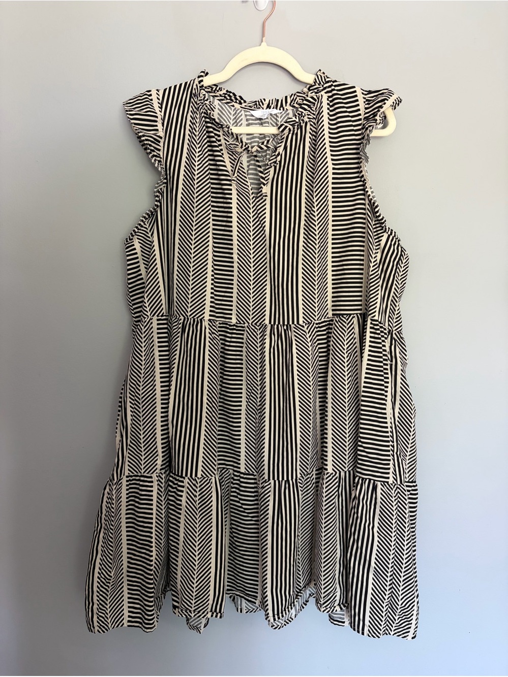 Tiered Babydoll Dress Women’s XXL 20 Black Cream Chevron Striped Cotton Pockets